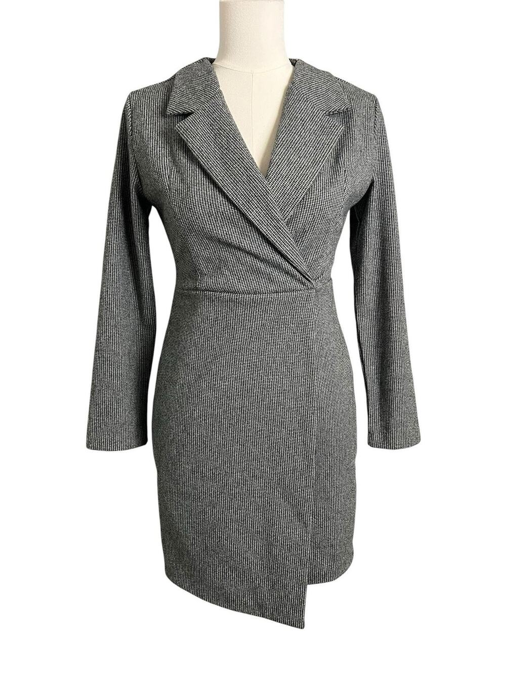 Hershe Houndstooth Jacket Dress Womens Small Gray Blazer Wrap Mini Career